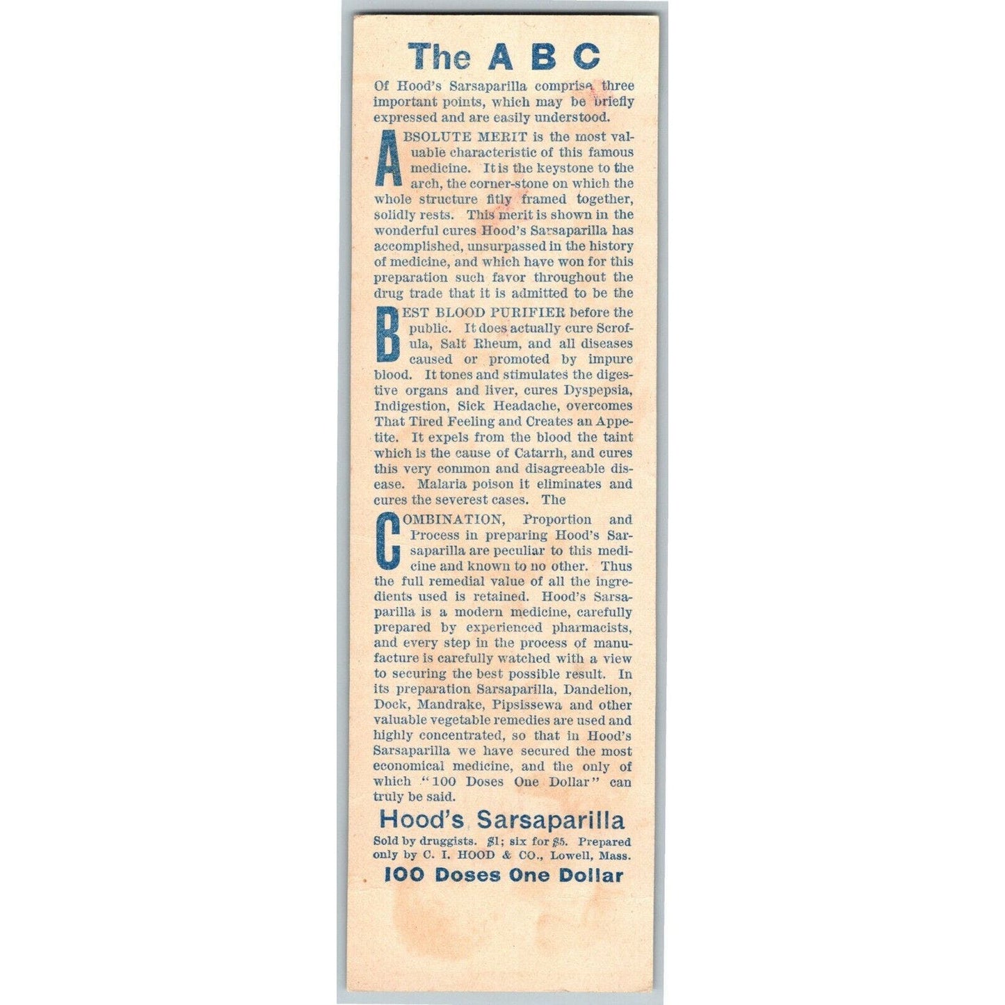Hood's Sarsaparilla "The A B C Class" Infants Reading Victorian Trade Card