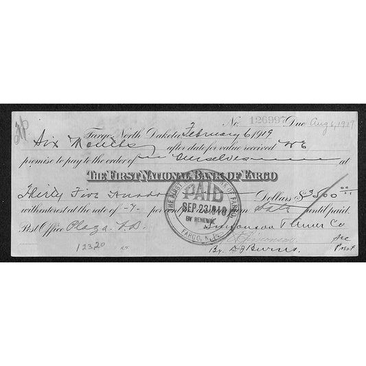 Fargo, ND First National Bank of Fargo 1919 Bank Check w/ 50c & 2 10c Rev Stamps