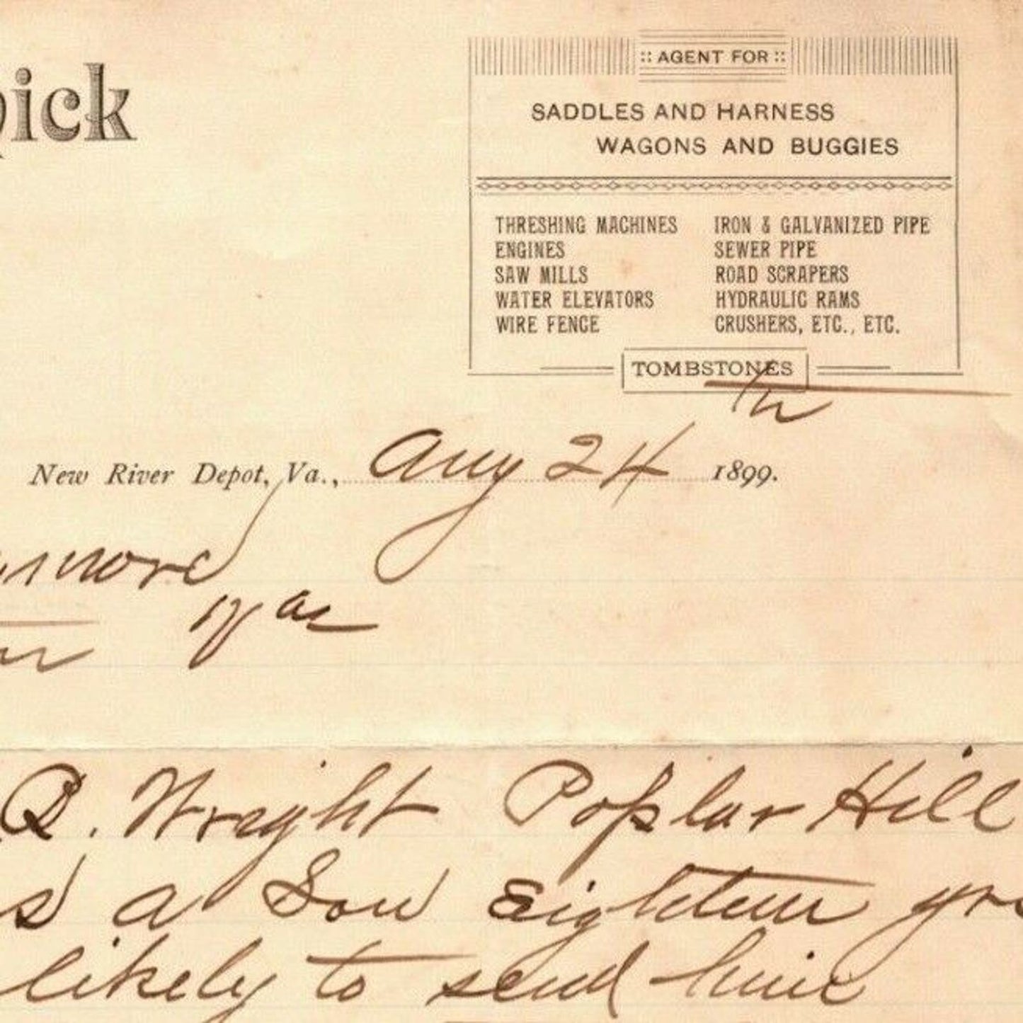 1899 Scarce New River Depot, VA Letterhead W.A. McCormick Insurance Tombstones
