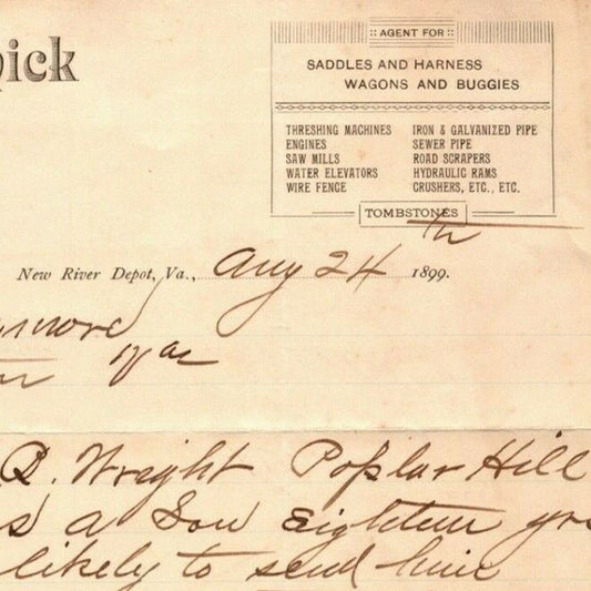 1899 Scarce New River Depot, VA Letterhead W.A. McCormick Insurance Tombstones