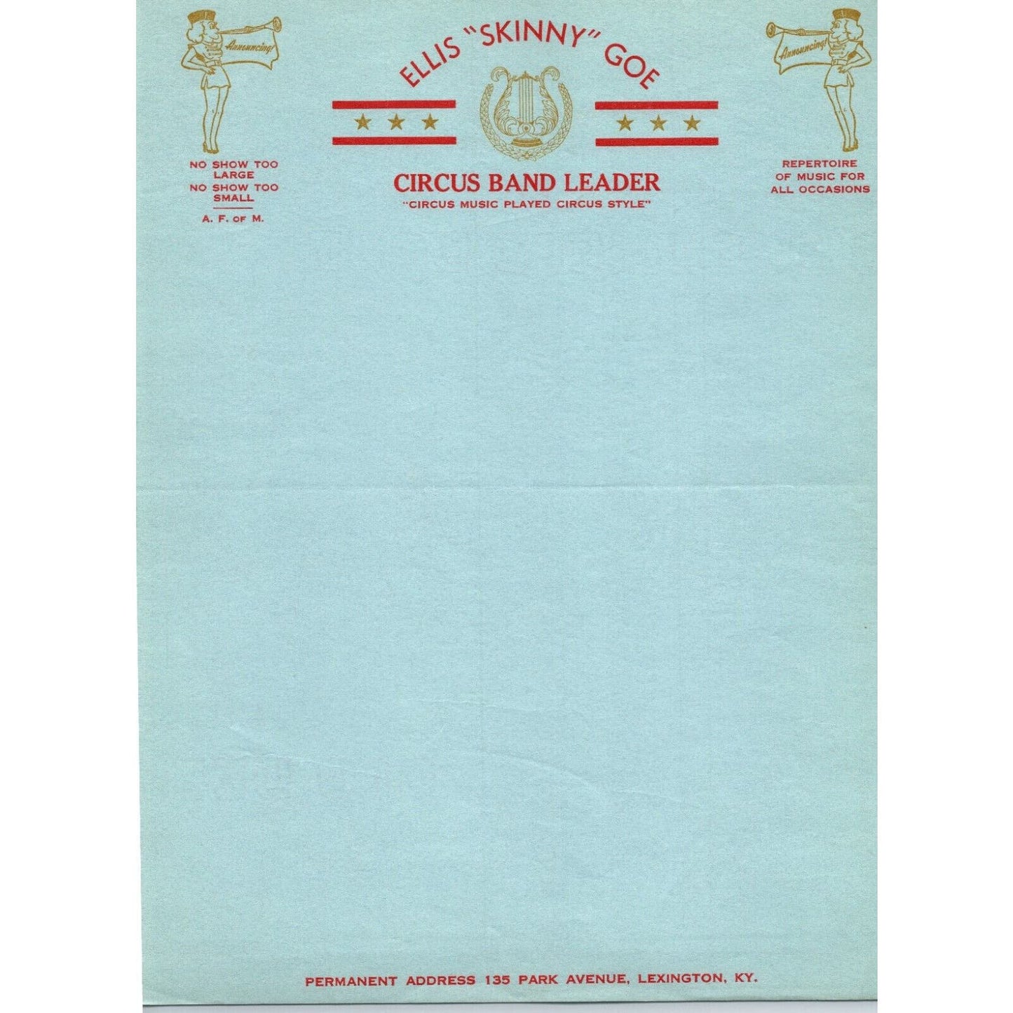 Ellis "Skinny" Goe Lexington, KY Circus Band Leader Letterhead c1940's Scarce