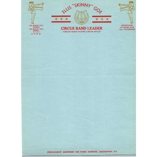 Ellis "Skinny" Goe Lexington, KY Circus Band Leader Letterhead c1940's Scarce