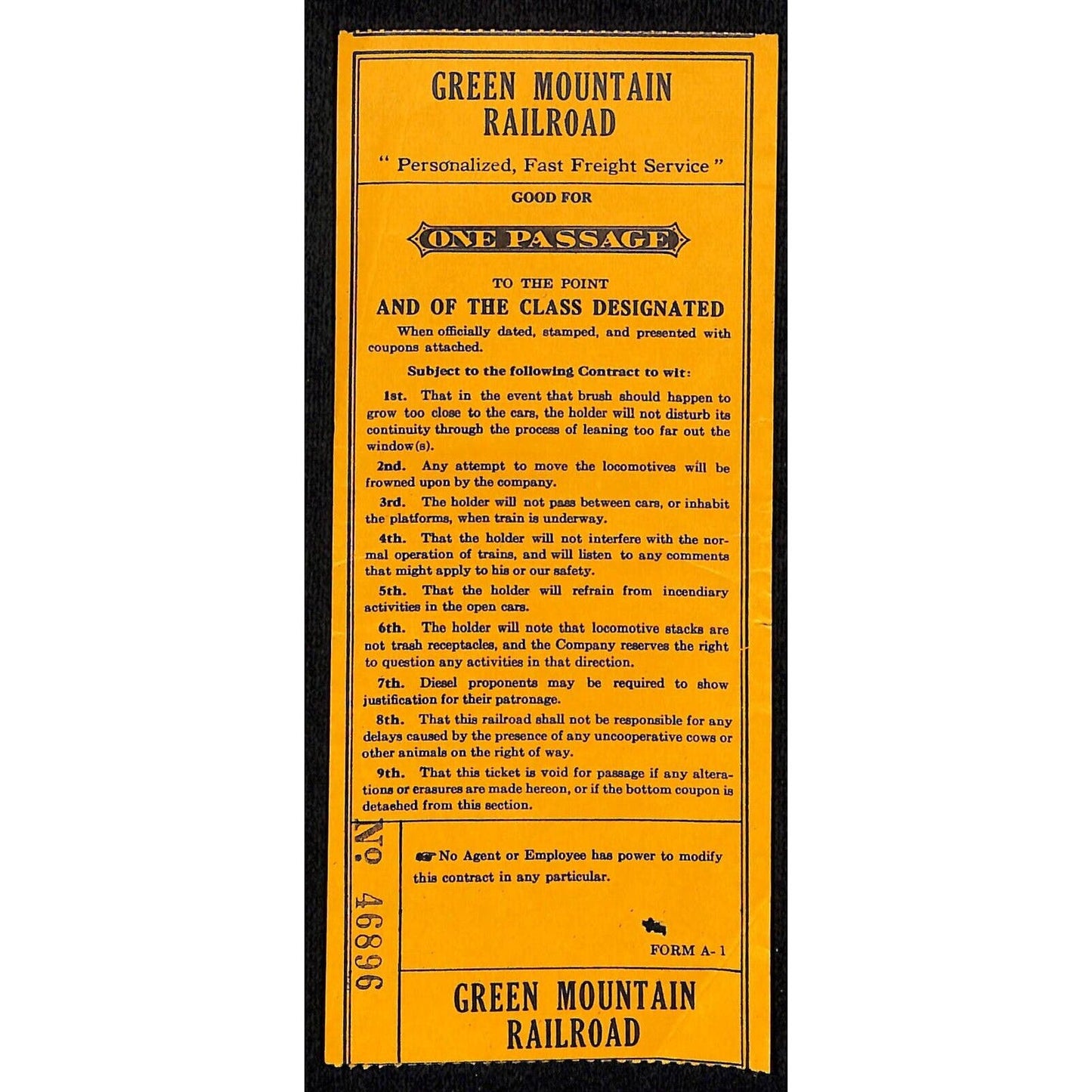 Green Mountain Railroad "One Passage" Ticket #46896