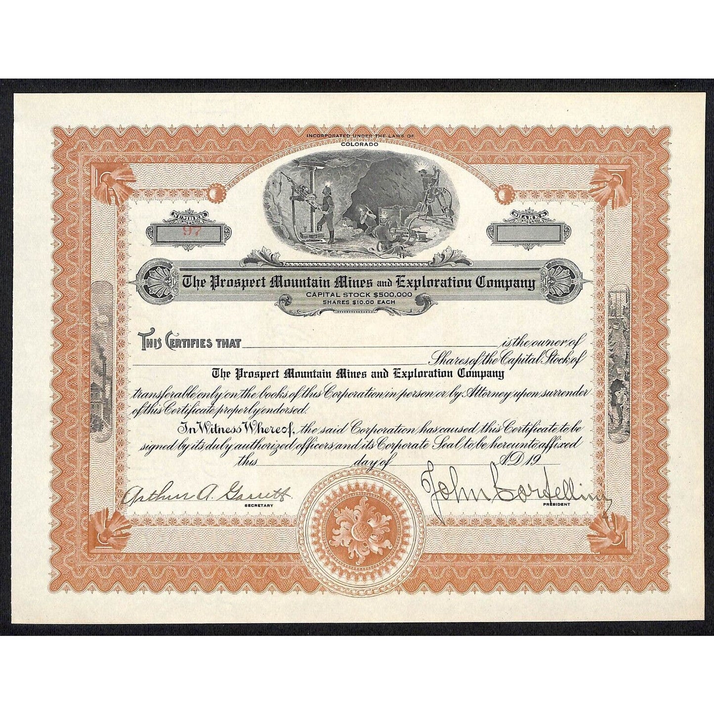 The Prospect Mountain Mines Exploration Company c1920 Stock Certificate #97