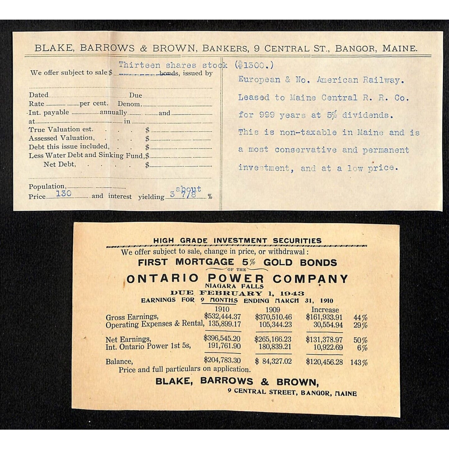 Newburgh, ME Amos W. Knowlton* 1910 Bangor Blake, Barrows & Brown Securities