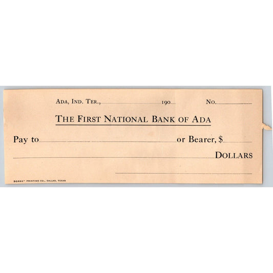 Ada, Oklahoma c1900-07 Indian Territory / FNB Ada Bank Check - Scarce
