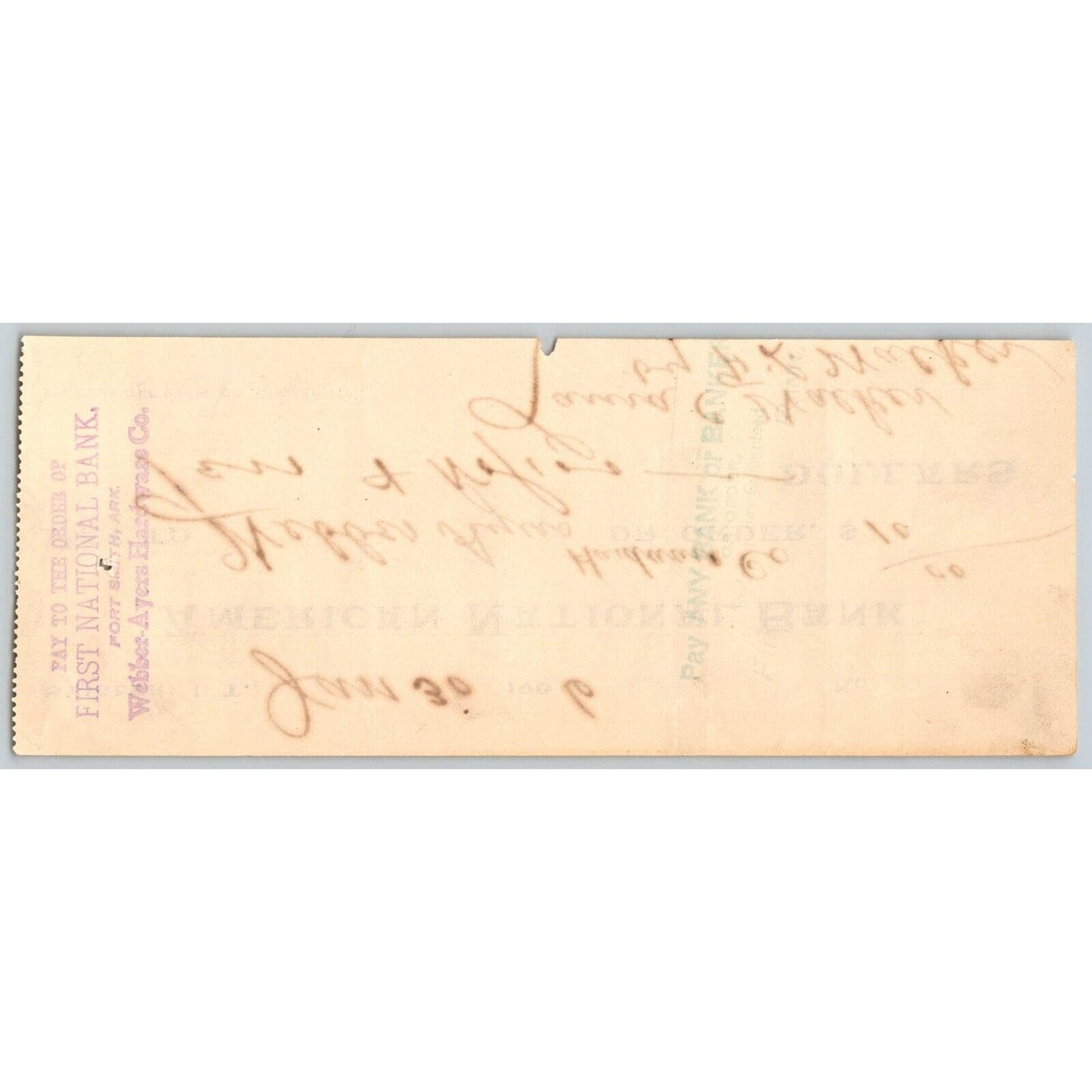Stigler, Indian Territory Oklahoma 1906 Bank Check Webber - Ayers Hardware Co.