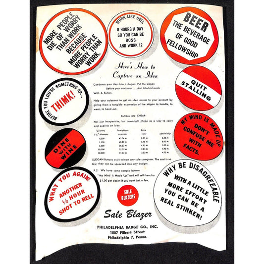 Group of 10 1950's Philadelphia Badge Co Pinback Button Flyer Sheets Letterheads