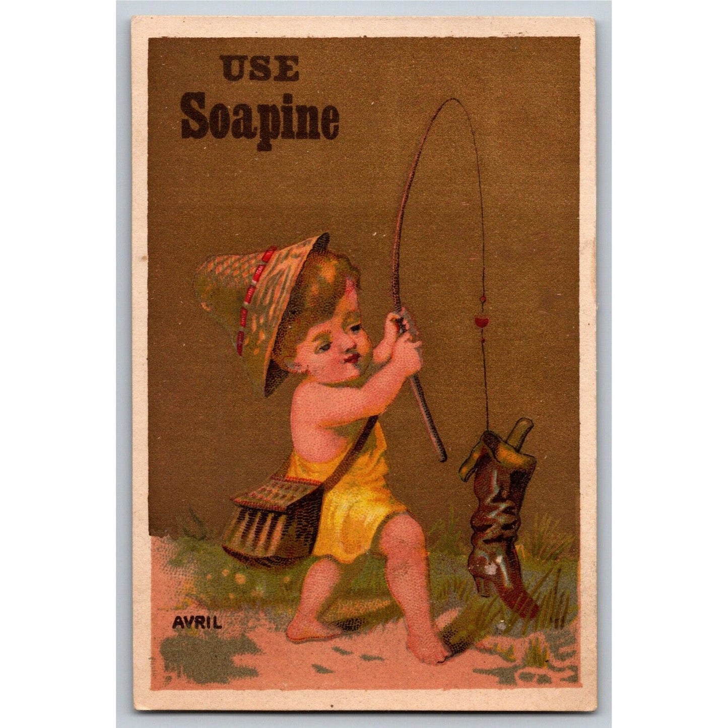 Young Child Fishing Catches Boot Funny Victorian Trade Card Soapine /w Gilt