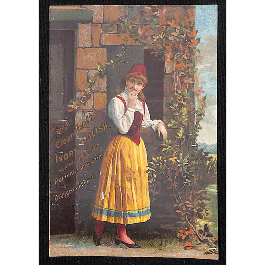 Ivory Polish "For The Teeth" Victorian Trade Card w/ Cobweb Woman Yellow Dress
