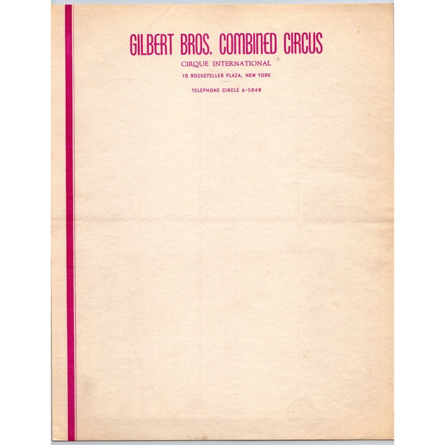 Gilbert Bros. Combined Circus Letterhead Rockefeller Plaza NYC c1943 Scarce
