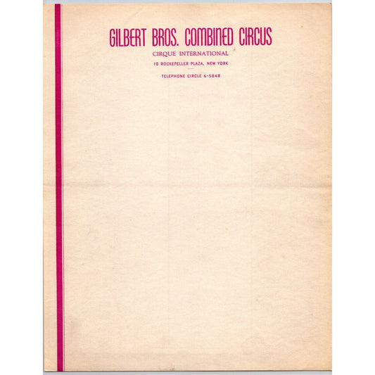 Gilbert Bros. Combined Circus Letterhead Rockefeller Plaza NYC c1943 Scarce