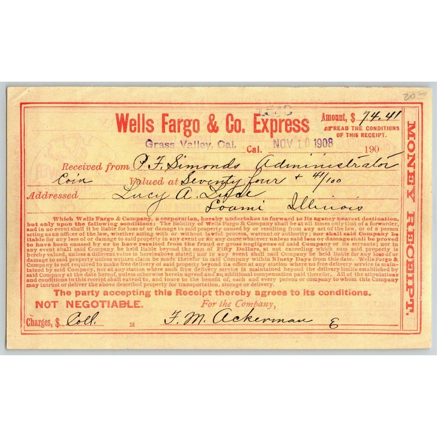 1908 Wells Fargo & Co Express - Grass Valley, CA - $104.18 Money Receipt