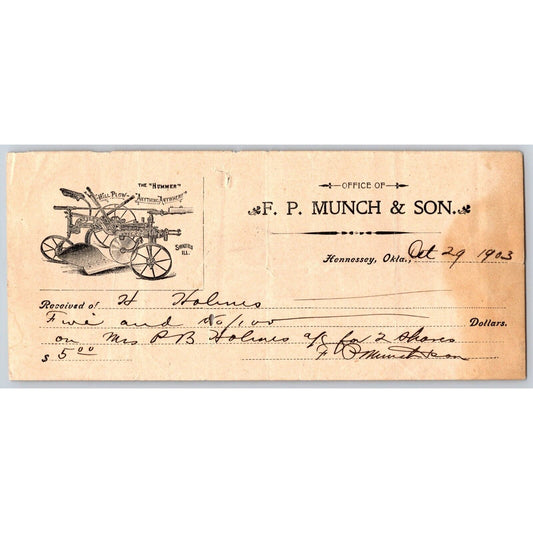 Hennessey Oklahoma 1903 Territorial Bank Check Scarce Hummer Farm Implement Art