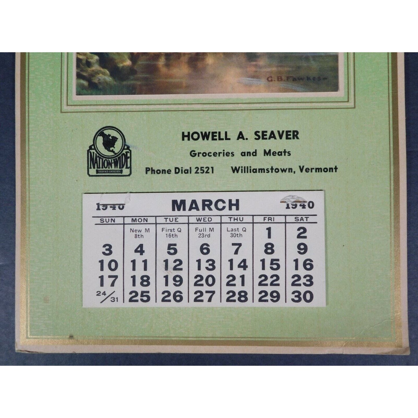 Howell A. Seaver "Groceries And Meats" 1940 Calendar Williamstown Vermont