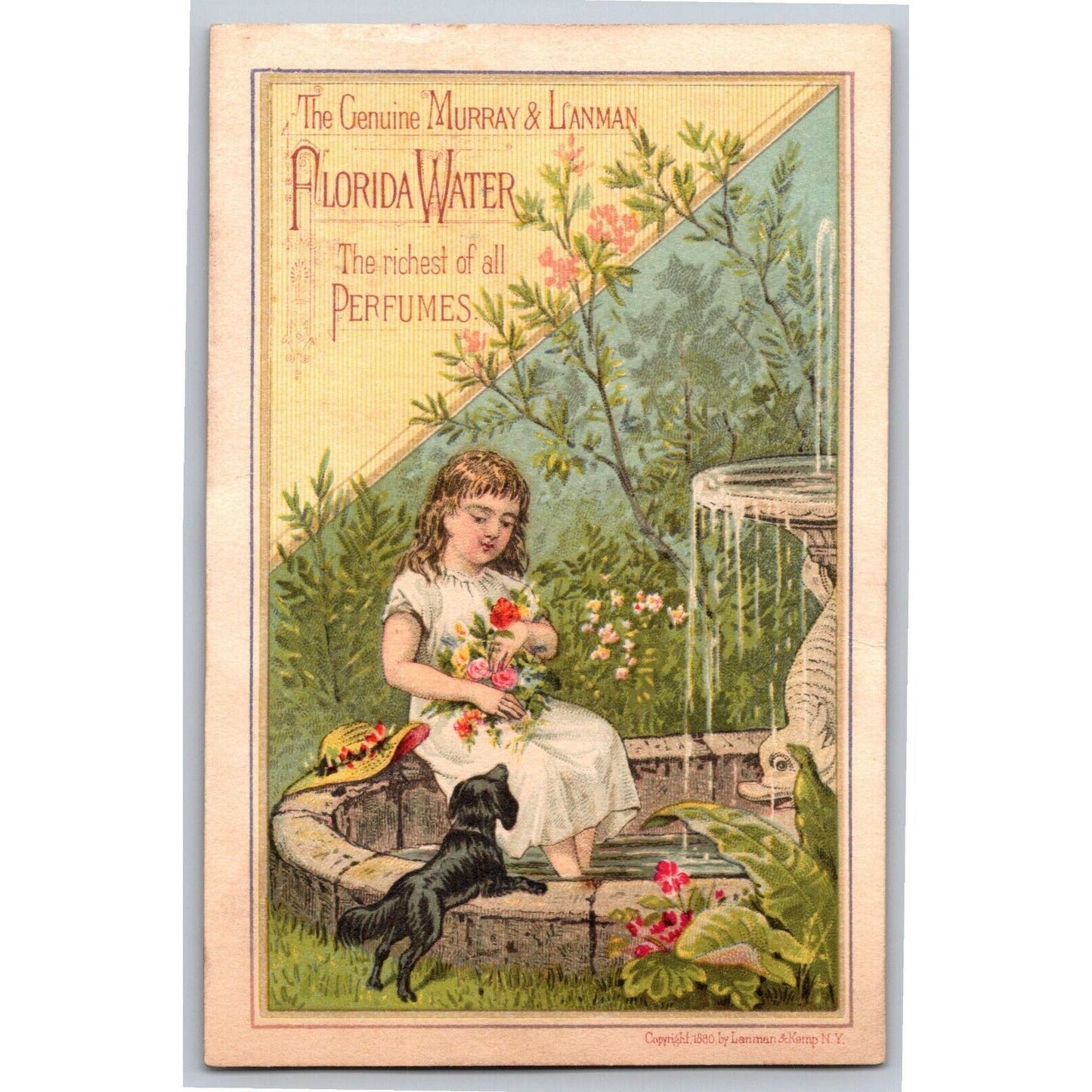 Brown & Dawson Apothecaries Victorian Trade Card Girl Water Fountain Flowers Dog