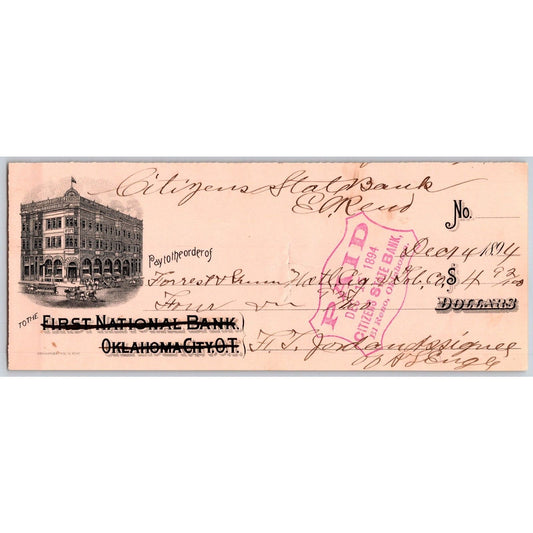 El Reno / Oklahoma City, OK 1894 Territorial FNB / Citizens Bank Check - Scarce