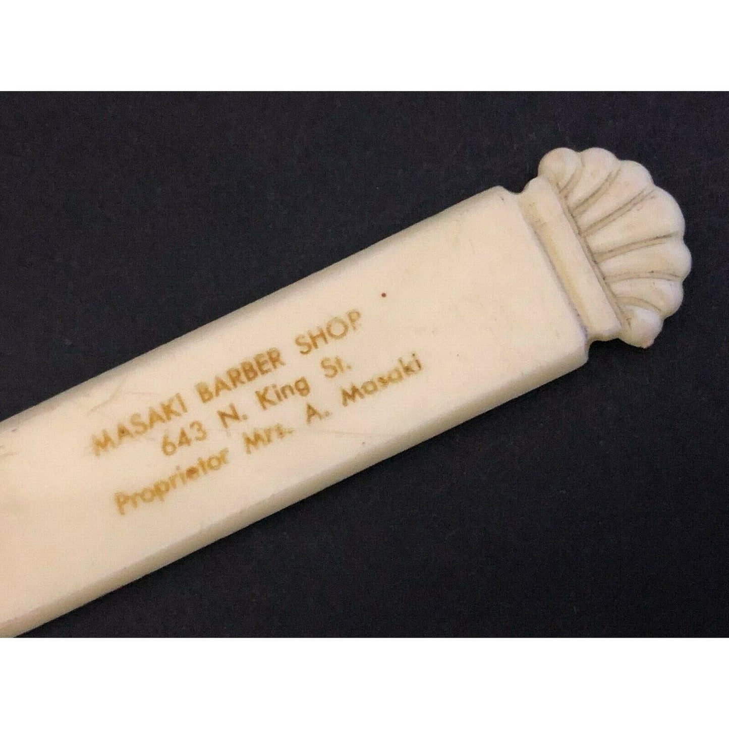 c1920's-30's 7.25" Masaki Barber Shop Hawaii ? Celluloid Adv. Letter Opener