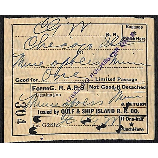 Gulf & Ship Island Railroad 1927 Ticket Chicago / Minneapolis #304