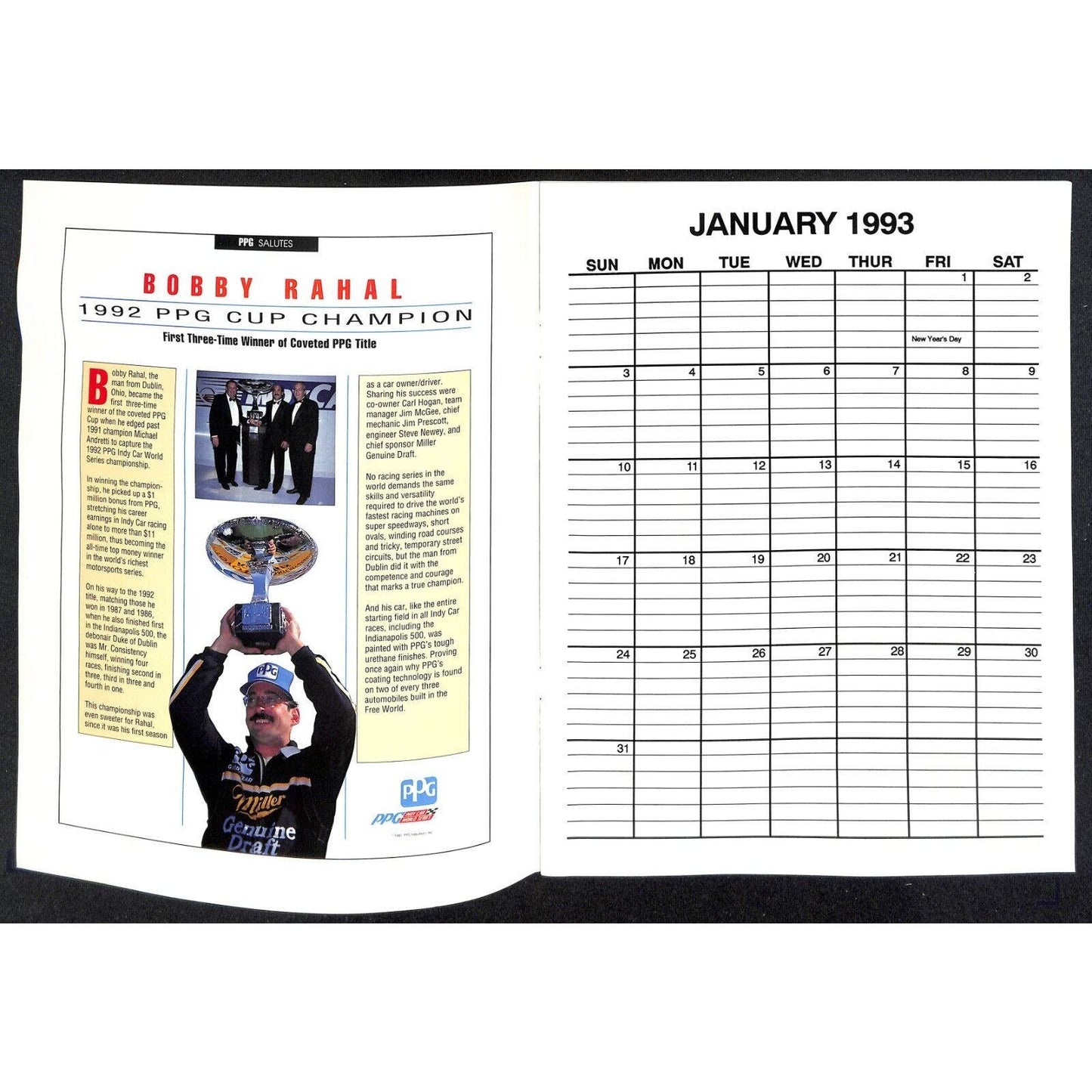 1993 Indy 500 PPG CDA Championship Drivers Assoc. Calendar w/ Bobby Rahal