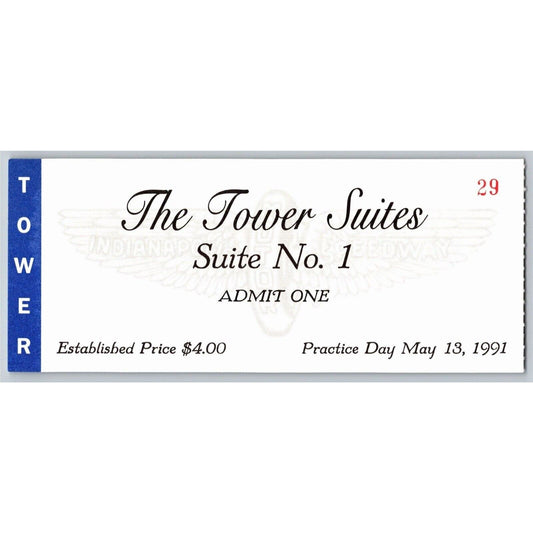 1991 Indy 500 Tower Suites Practice Day Ticket Stub Indianapolis #29