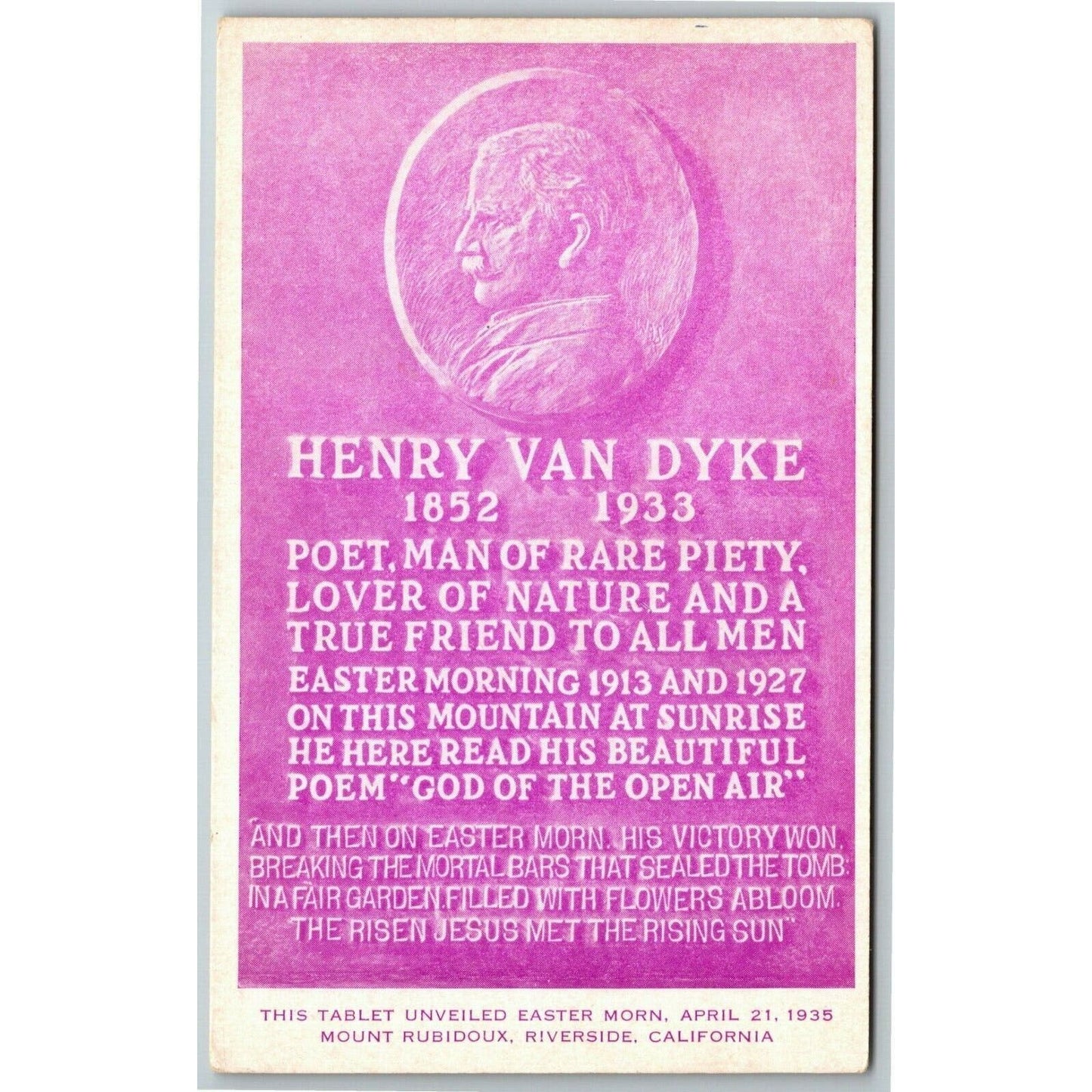 Vintage Postcard - Henry Van Dyke Tablet Mount Rubidoux - Riverside, California