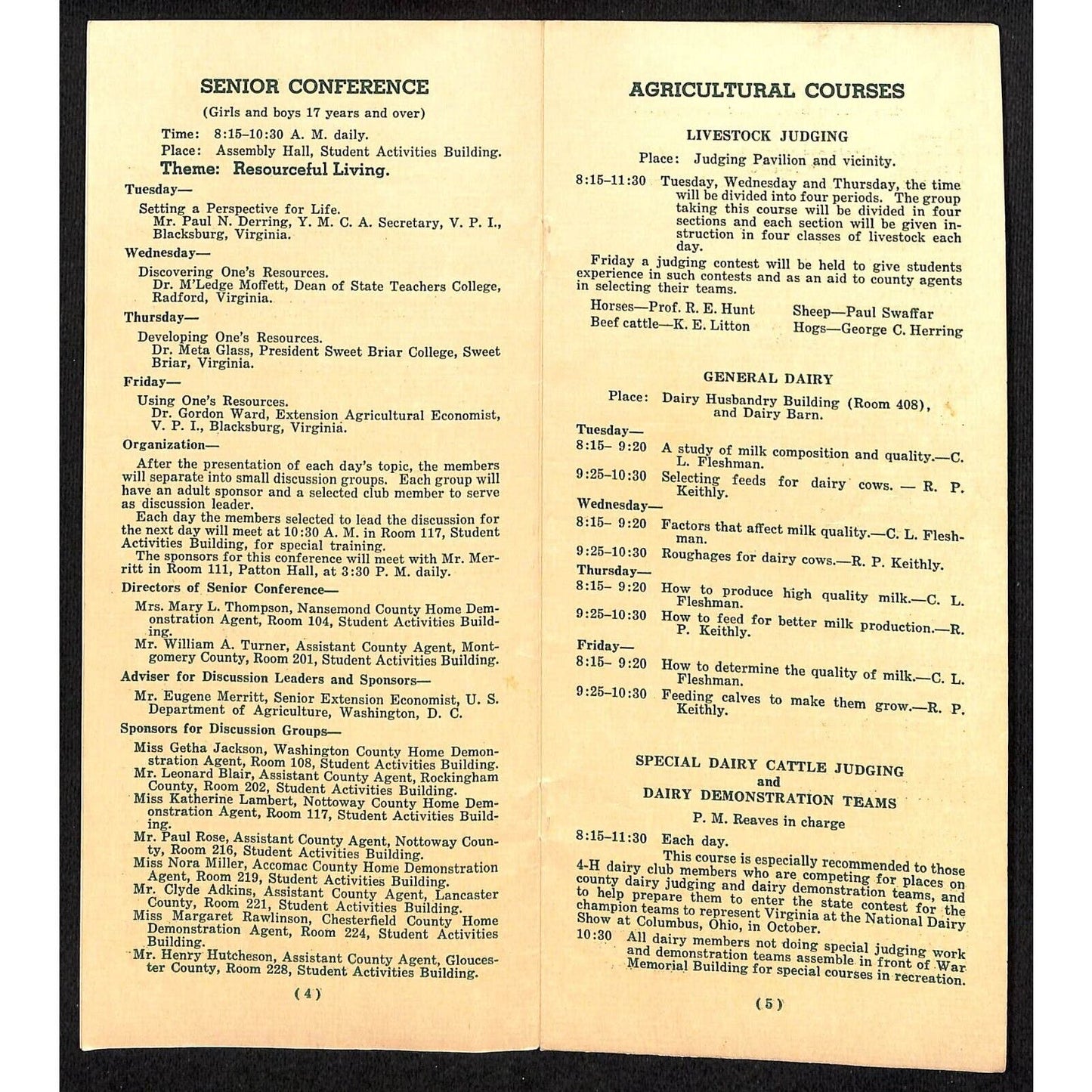 Blacksburg, VA State 4-H Club Short Course Brochure 11pp VGC