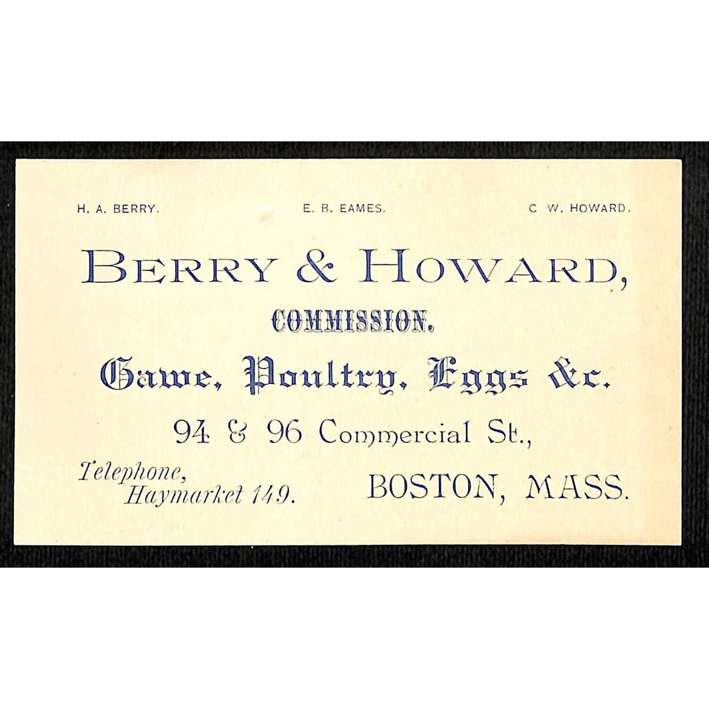 Boston, MASS Berry & Howard Trade Card / Business Card c1896 Game Poultry Eggs