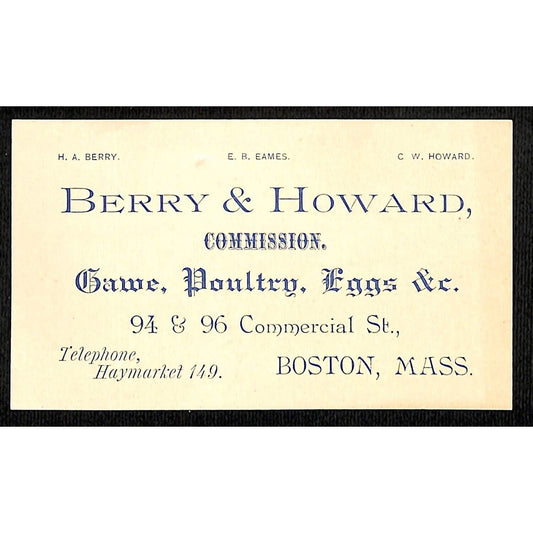 Boston, MASS Berry & Howard Trade Card / Business Card c1896 Game Poultry Eggs
