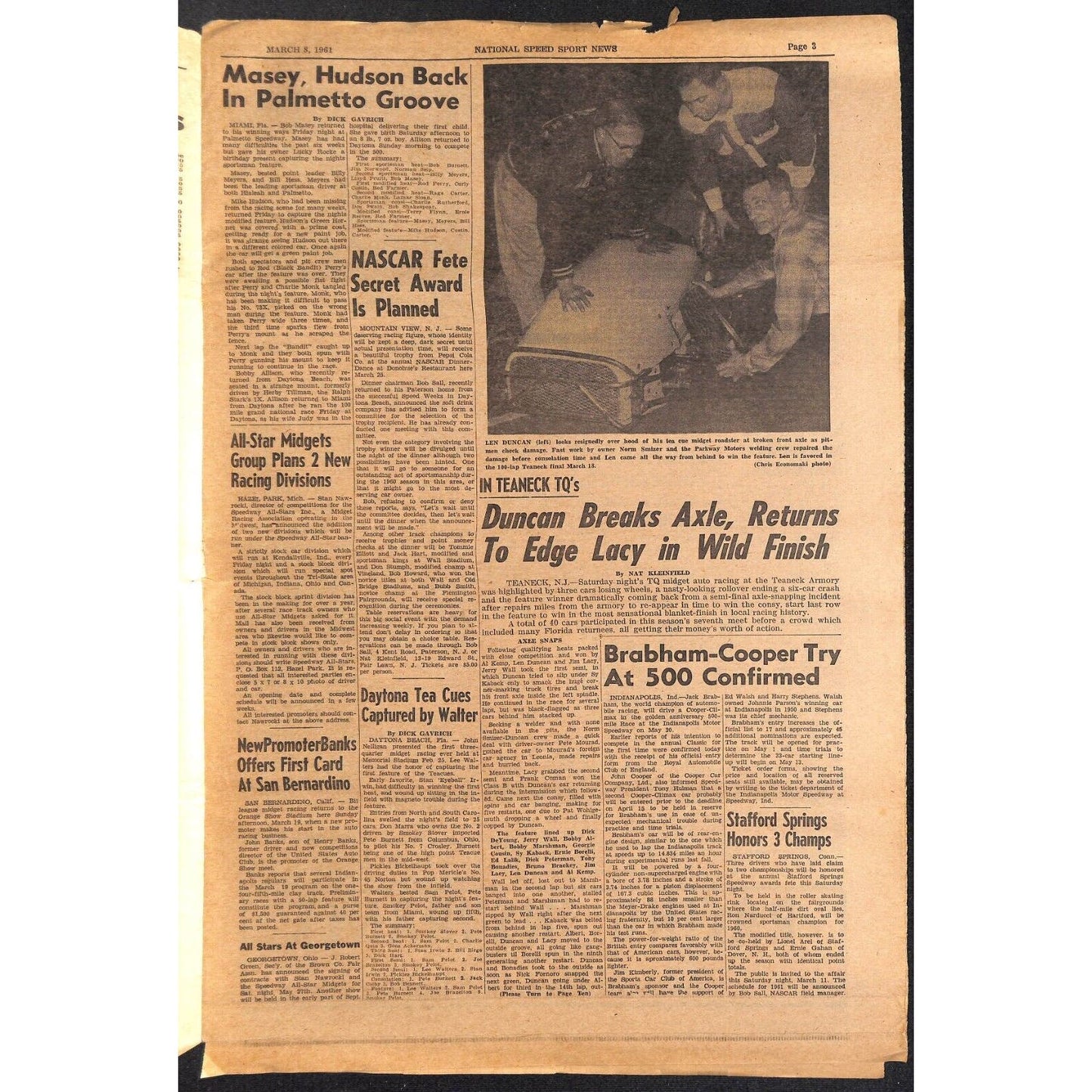 National Speed Sport News 3/8 1961 Duncan Wins Teaneck w Broken Axle Racing 11pp