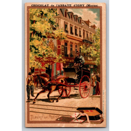 French Victorian Trade Card Chocolat de l'Abbaye d'igny Tilbury des Postes