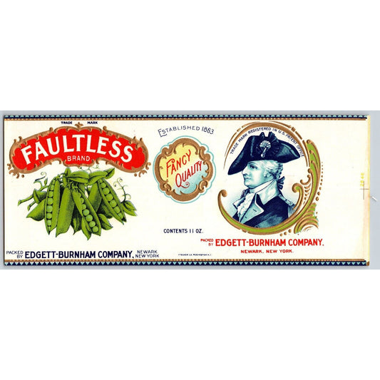 Faultless Brand Green Beans Paper Can Label Newark Embossed c1917-20's VGC