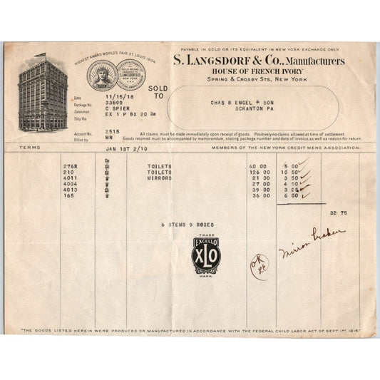 1918 S. Langsdorf & Co. New York City Spring & Crosby Sts. / "Engel" Billhead
