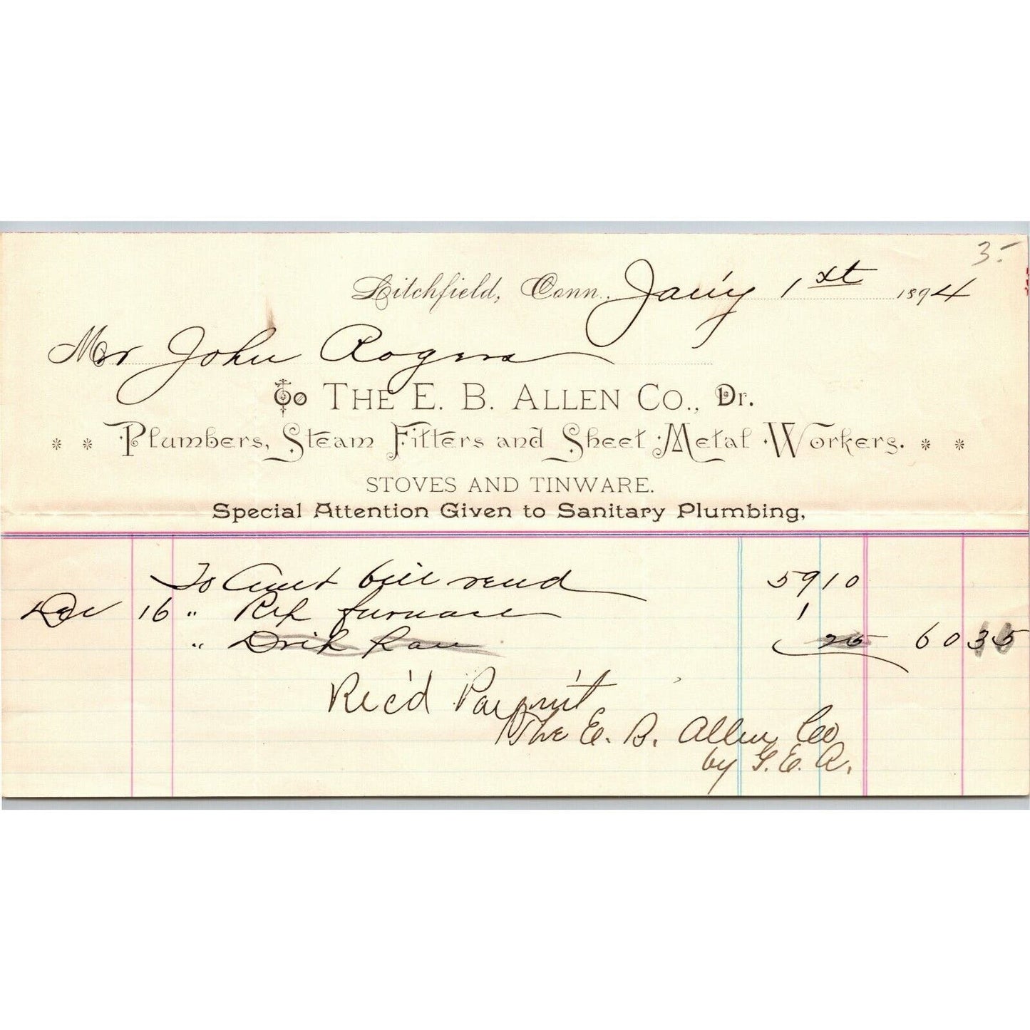 Litchfield, Conn 1894 Letterhead - E.B. Allen Co. Plumbers Steam Fitters