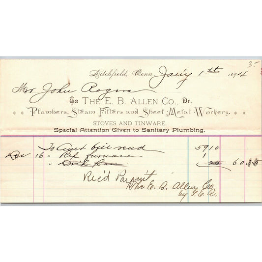 Litchfield, Conn 1894 Letterhead - E.B. Allen Co. Plumbers Steam Fitters