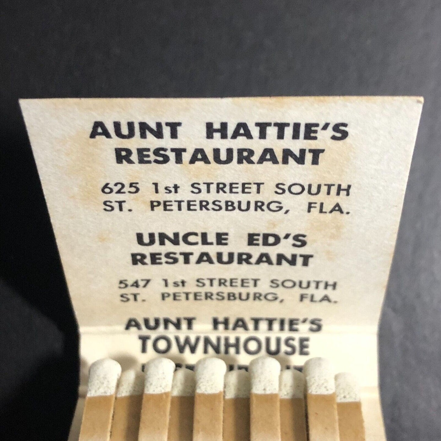 Aunt Hattie's Restaurant Townhouse St Petersburg Matchbook c1968-73