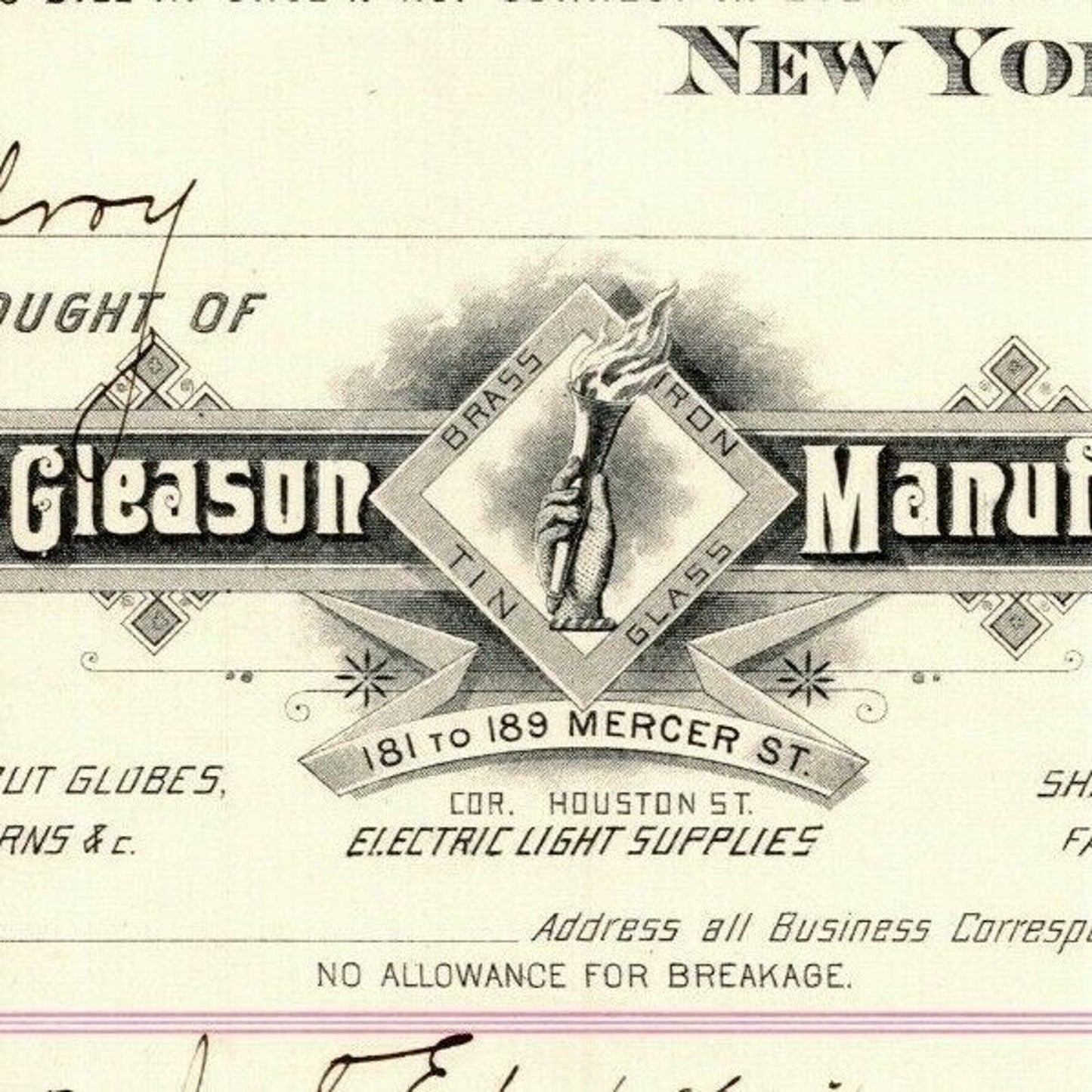 Dec 31 1887 "E. P. Gleason" Cut Glass Globes Billhead Letterhead Mercer St NYC