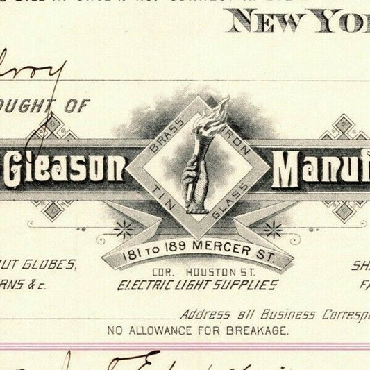 Dec 31 1887 "E. P. Gleason" Cut Glass Globes Billhead Letterhead Mercer St NYC