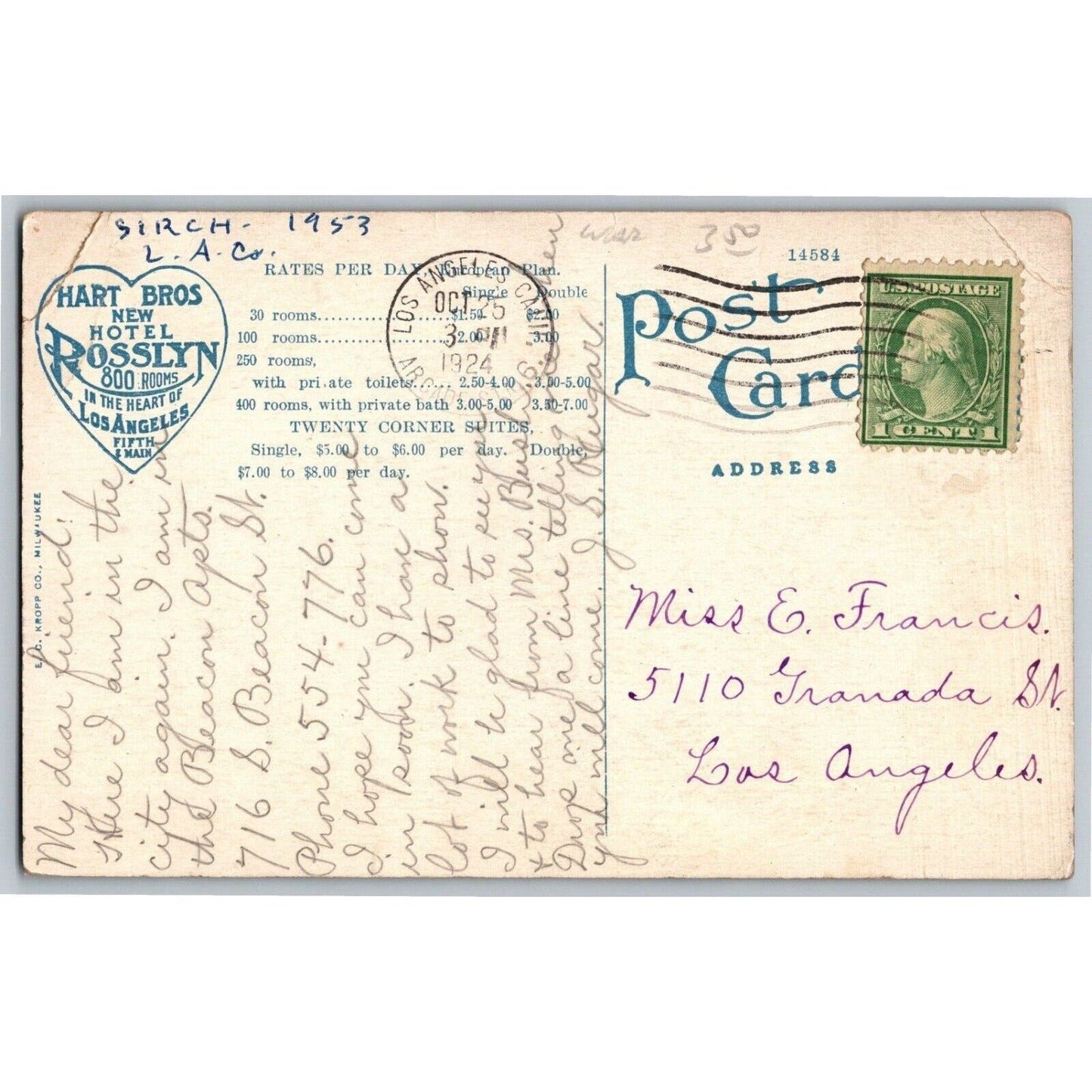 New Hotel Rosslyn Los Angeles, Cal Postcard 1924 PM w/ Rates & Heart Art