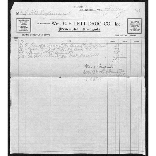 Blacksburg, VA Wm. C. Ellett Drug Prescription Druggists Rexall Billhead 1918