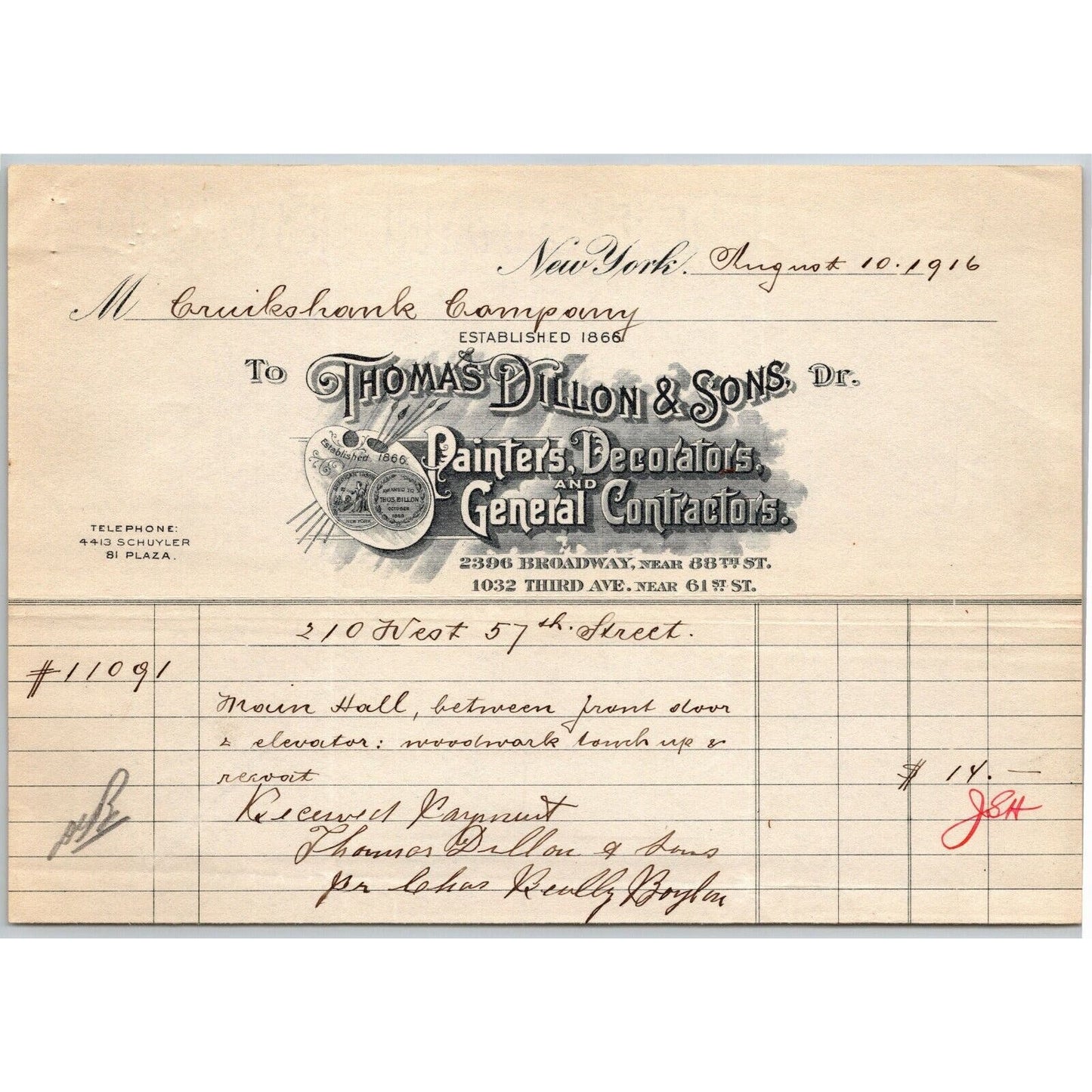 1916 "Thomas Dillon & Sons" Painters Decorators Billhead Letterhead 3rd Ave NYC