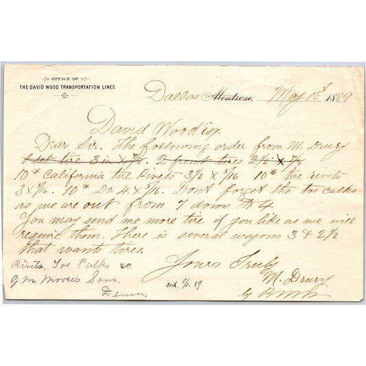 1889 Montrose, CO "David Wood Transportation Lines" Letterhead "Tire Rivets ?"