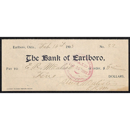 Earlboro, OK 1903 Territorial "The Bank of Earlboro" Bank Check - Scarce