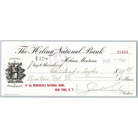 Helena Montana First National Bank Check 1894 w/ Monogram