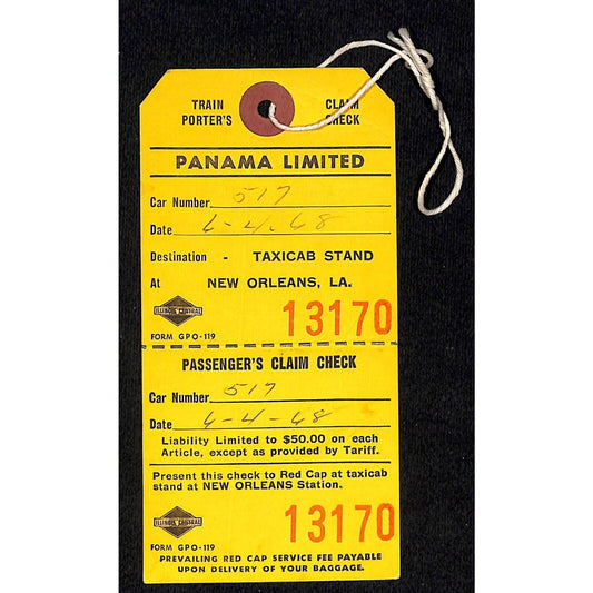 Illinois Central Railroad Panama Limited c1967 Baggage Claim Tag VGC