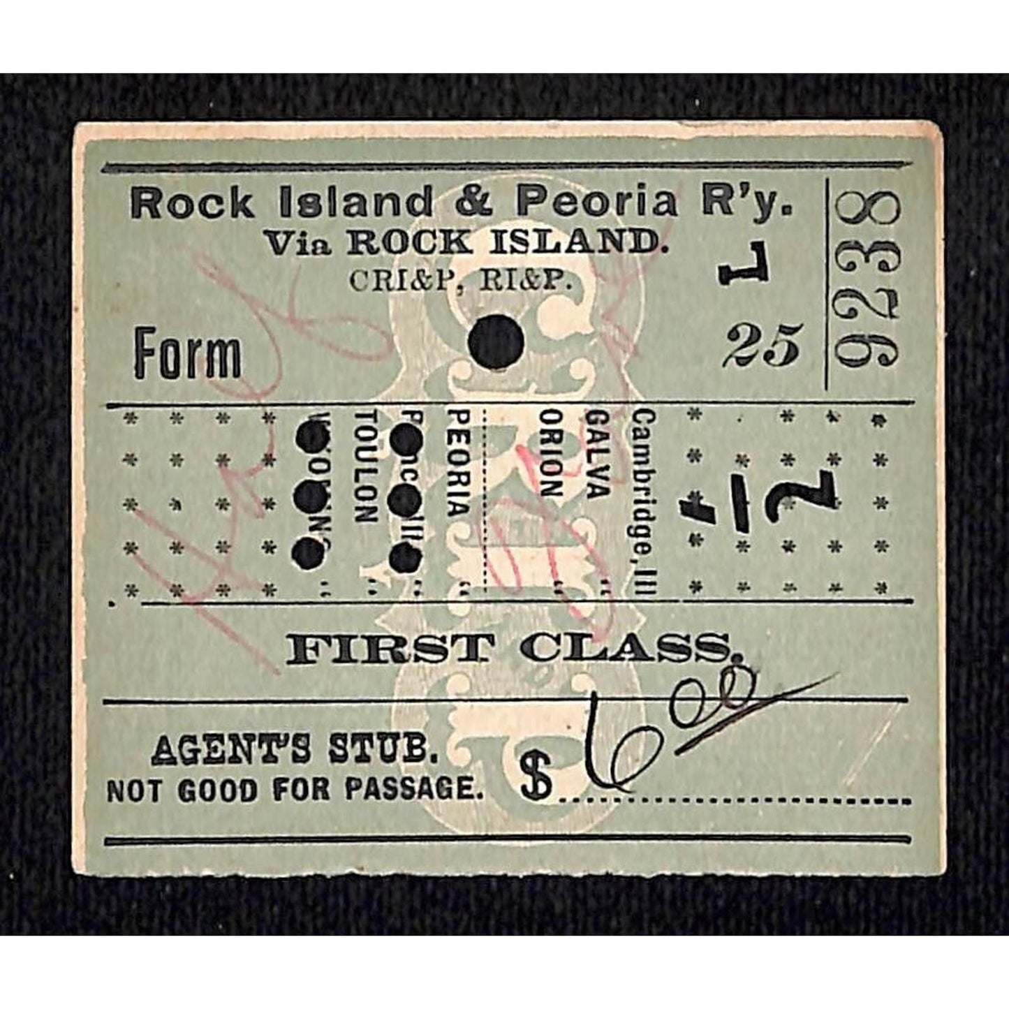 Rock Island & Peoria Railway Ticket 1896 Pawnee, NE #9238 Scarce