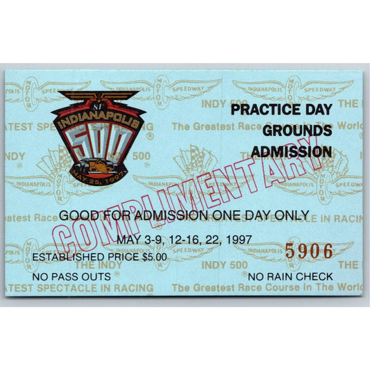 1997 Indy 500 Practice Day Grounds Admission Comp Ticket Pass Card IMS #5906 VGC