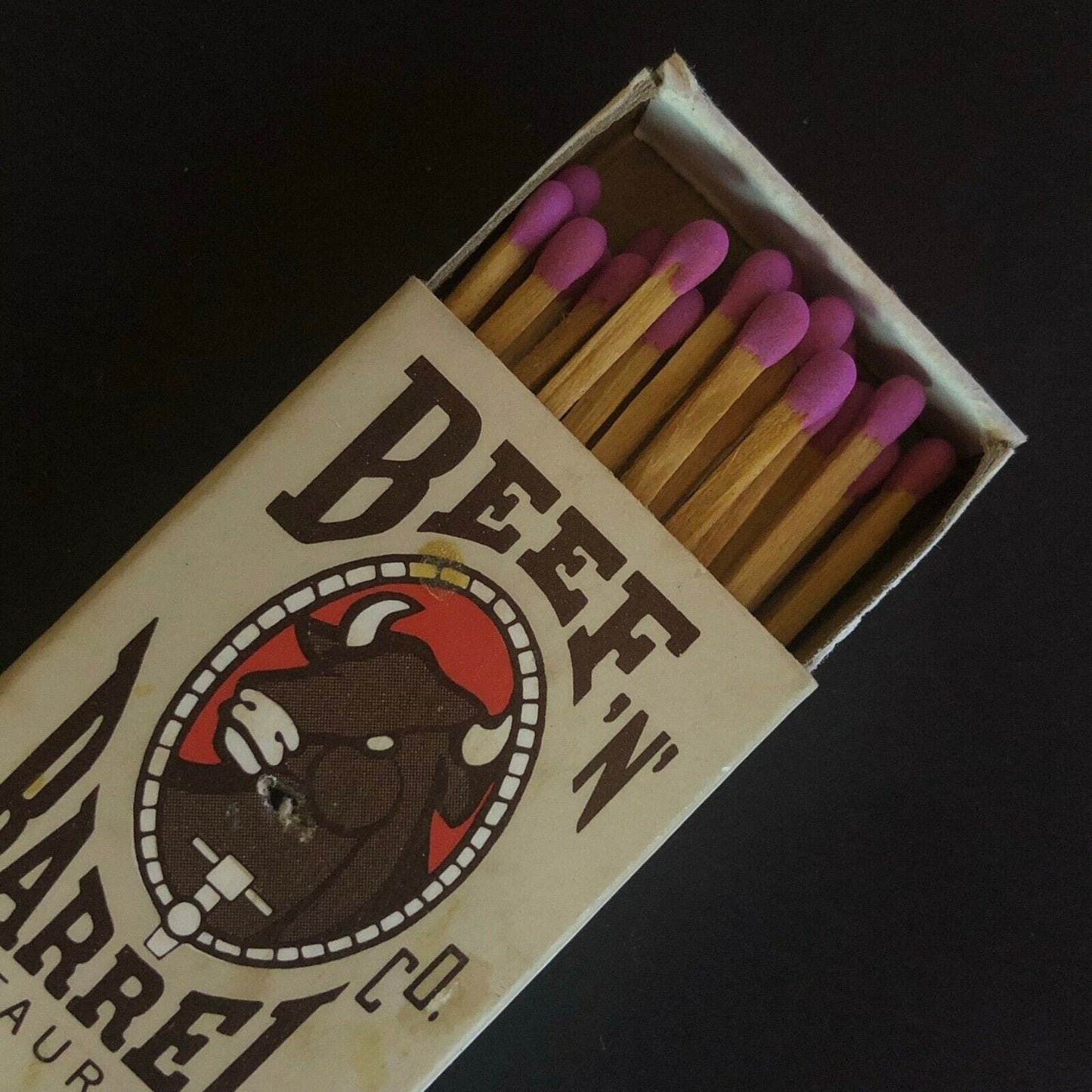 c1970's-80's Wooden Matchbox Matchbook "Beef N' Barrel Restaurant" Houston, TX