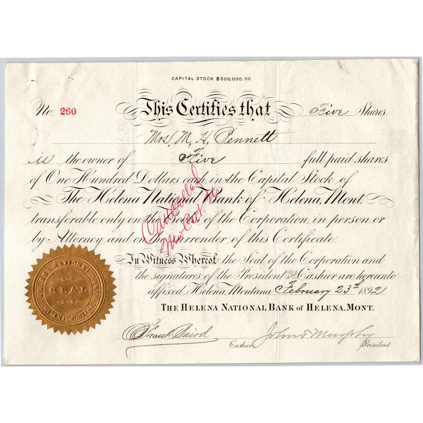 Helena National Bank, Montana 1892 Stock Certificate Cert# 260 for 5 Shares