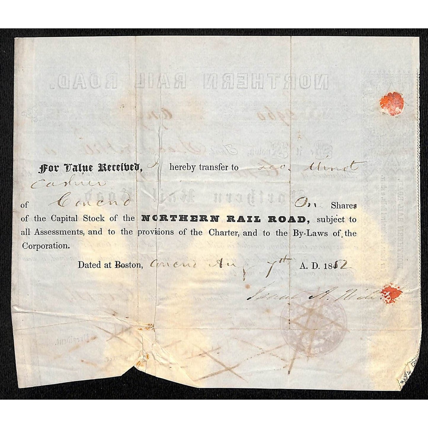 1848 Boston, MA Northern Railroad Stock Certificate No. 2960 for 1 Share